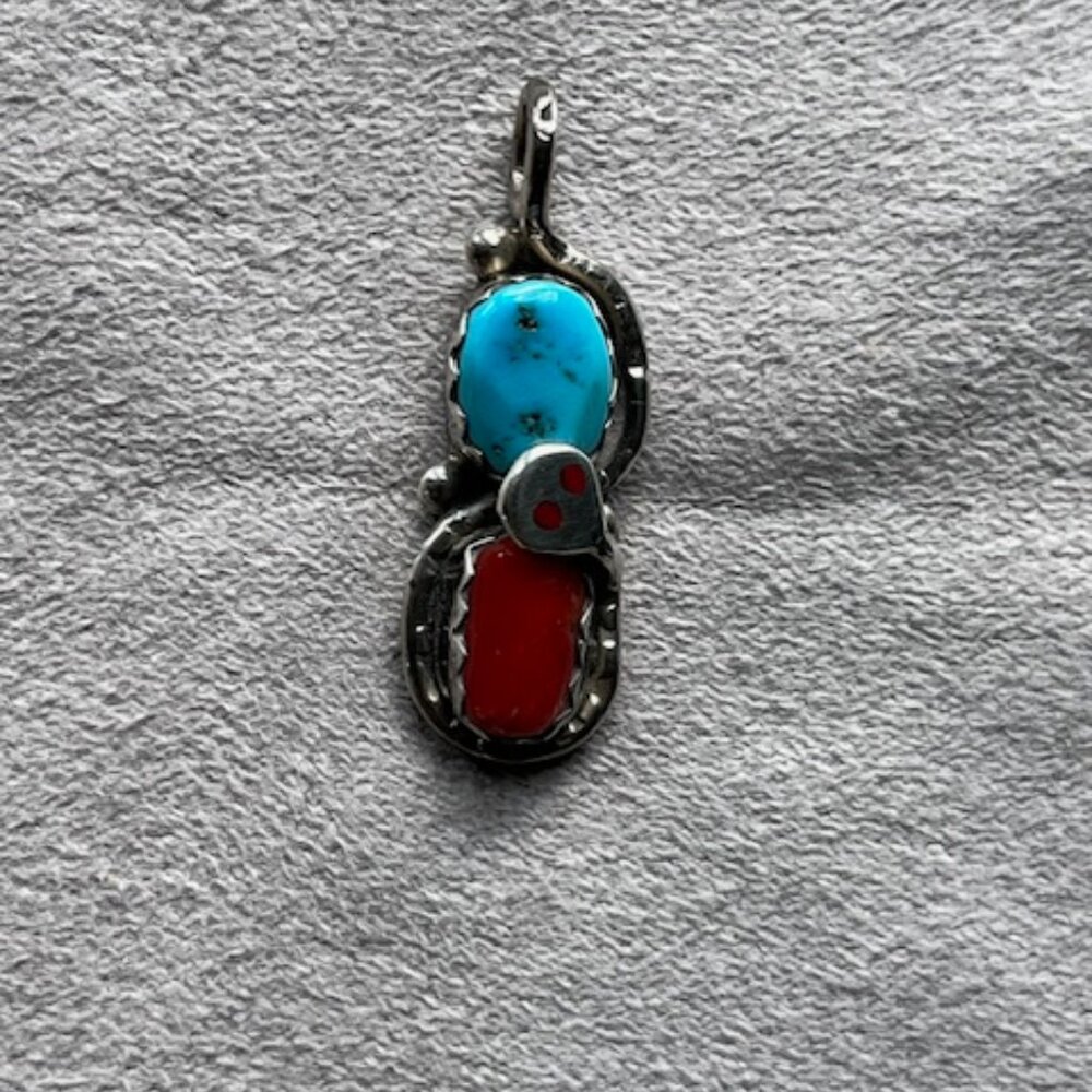 Effie Calavaza Turquoise and Coral Zuni Snake Pendant - Picture 2 of 7